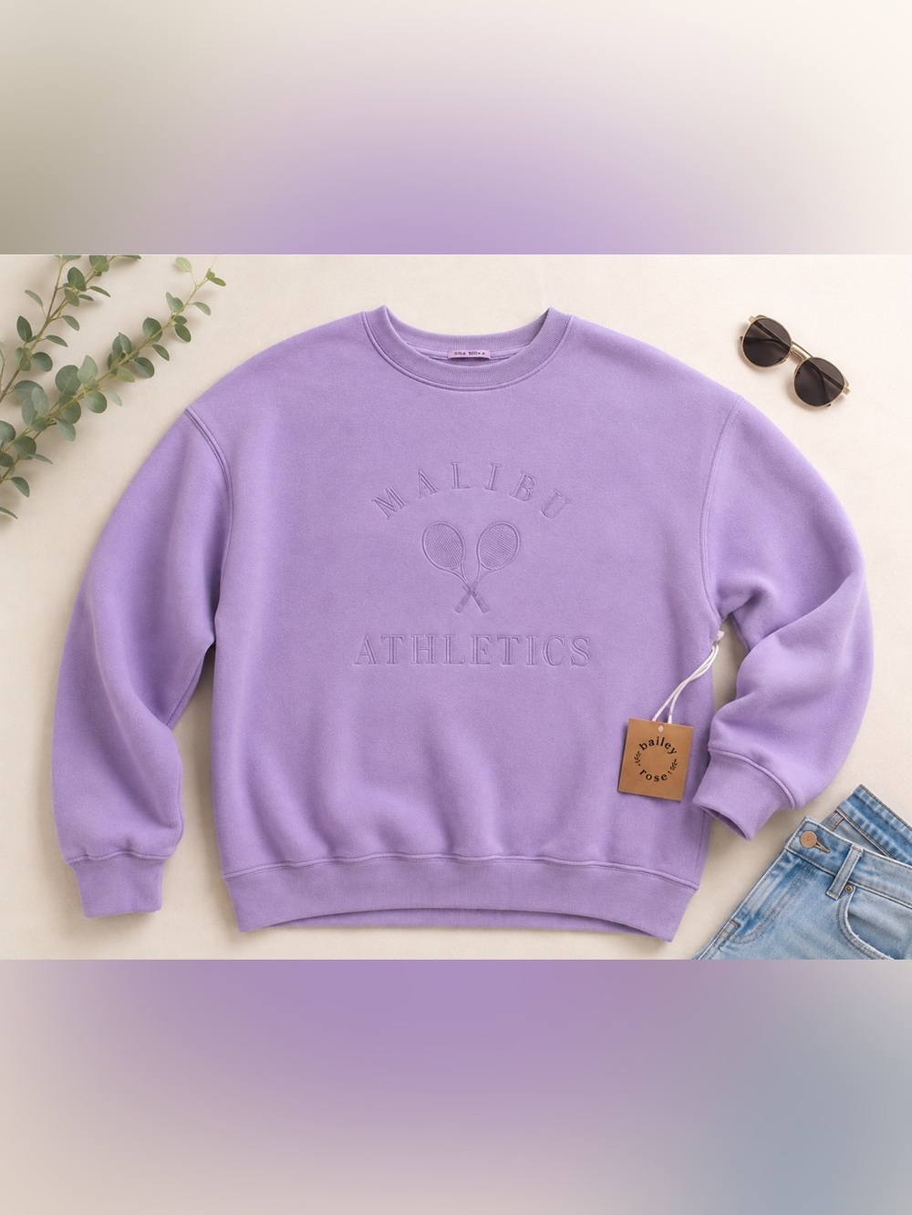 Lavender Crewneck Sweatshirt with Embossed Malibu Athletics Tennis Logo